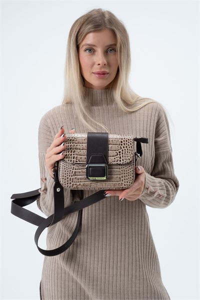 Hakiki Deri Kadın Çapraz Omuz Askılı Çanta 2330 Bej Kroko