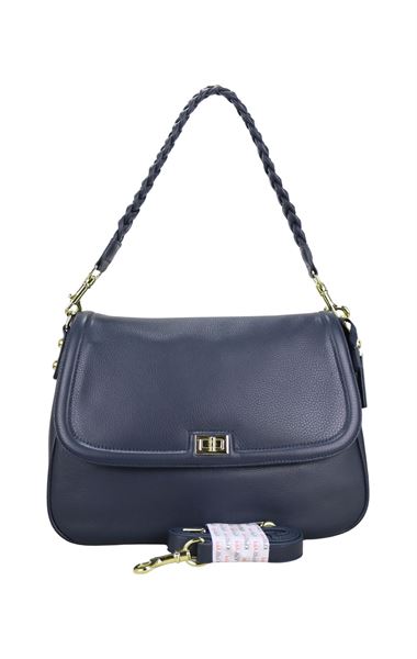 Lacivert Hakiki Deri Kadın Çapraz Omuz Askılı Çanta 9005